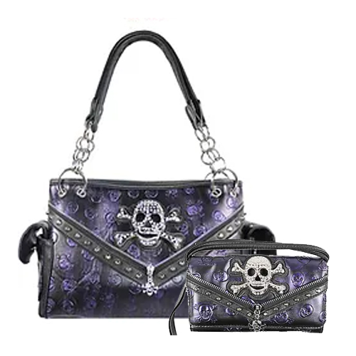 Purple Western Concealed Carry Skull Concho Studded Purse & Phone Wallet Set